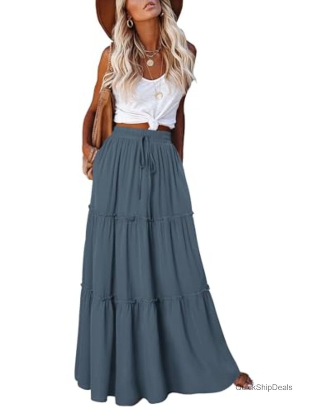 Boho Maxi Skirt High Waist Tiered Long Skirt with Pockets